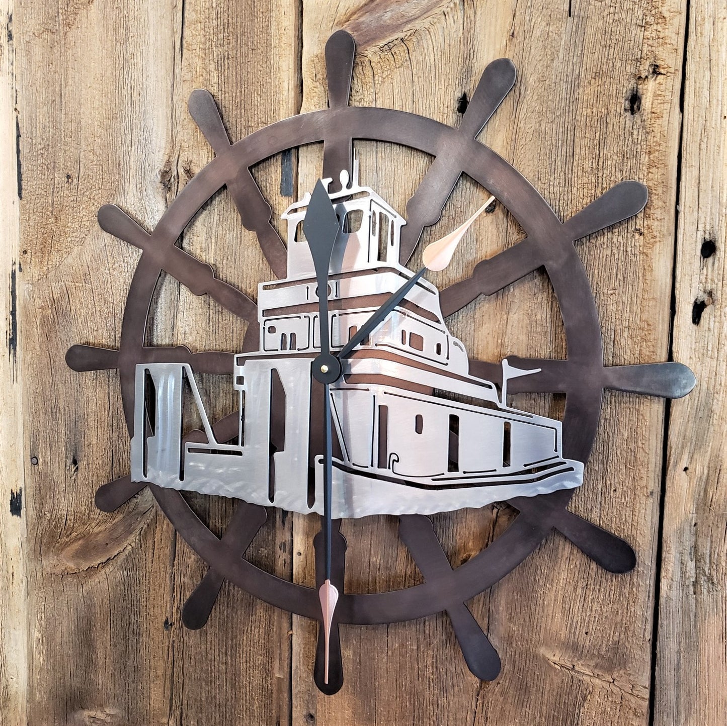 Captains Wheel Custom Clock with Tow Boat