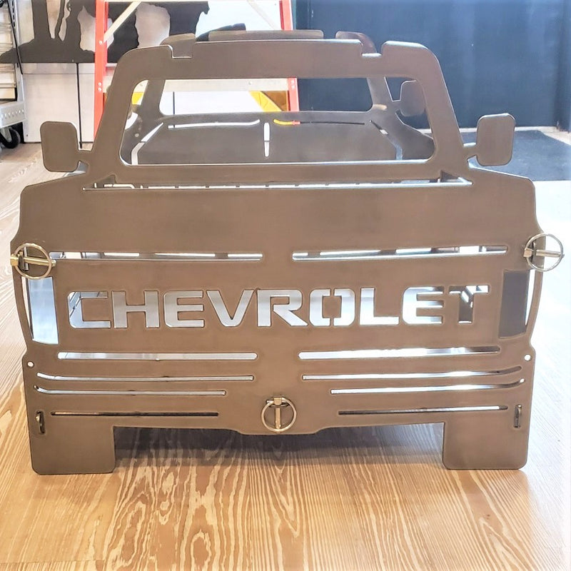 image of rear C10 Square Body Chevy Portable Collapsible Fire Pit Grill