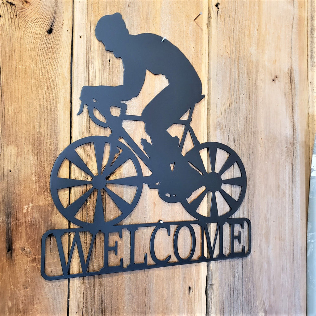Bicyclist Steel Welcome Sign