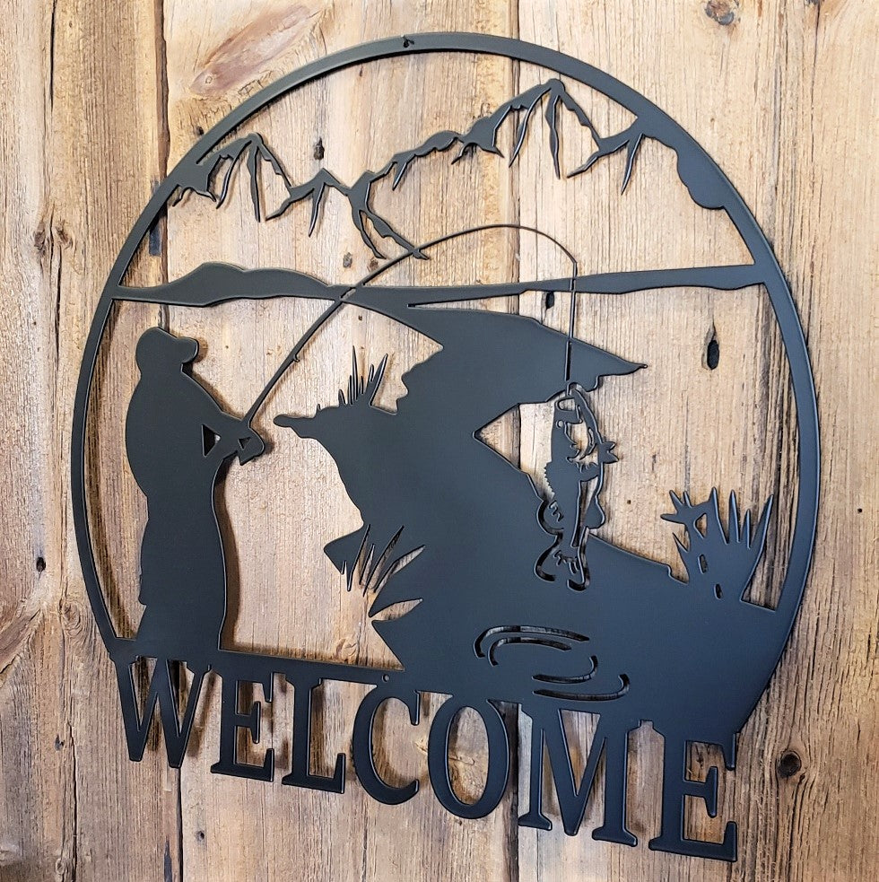 Fishing Mountain Stream Scene Welcome Sign