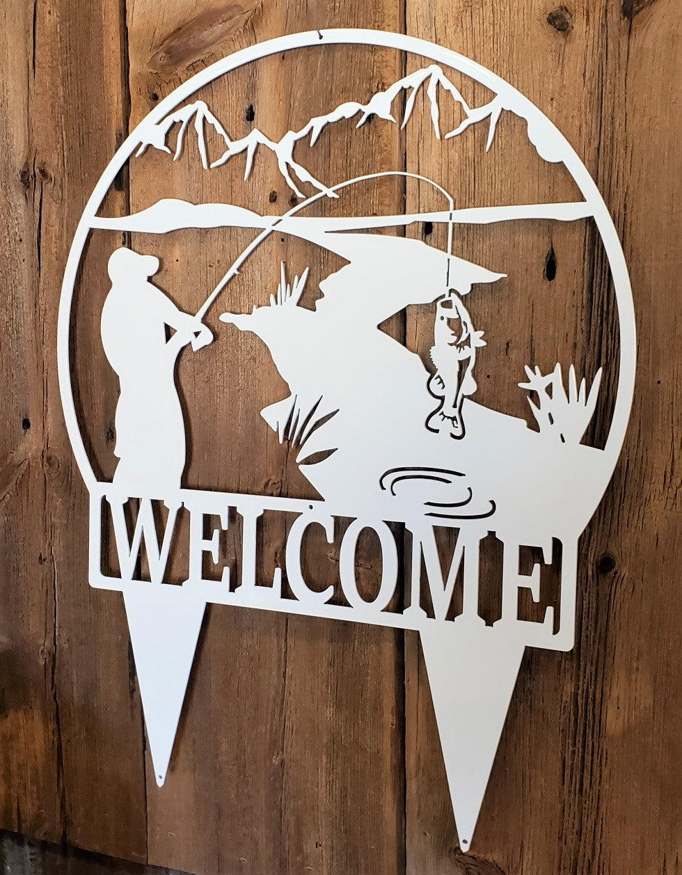 Fishing Mountain Stream Scene Welcome Yard Sign