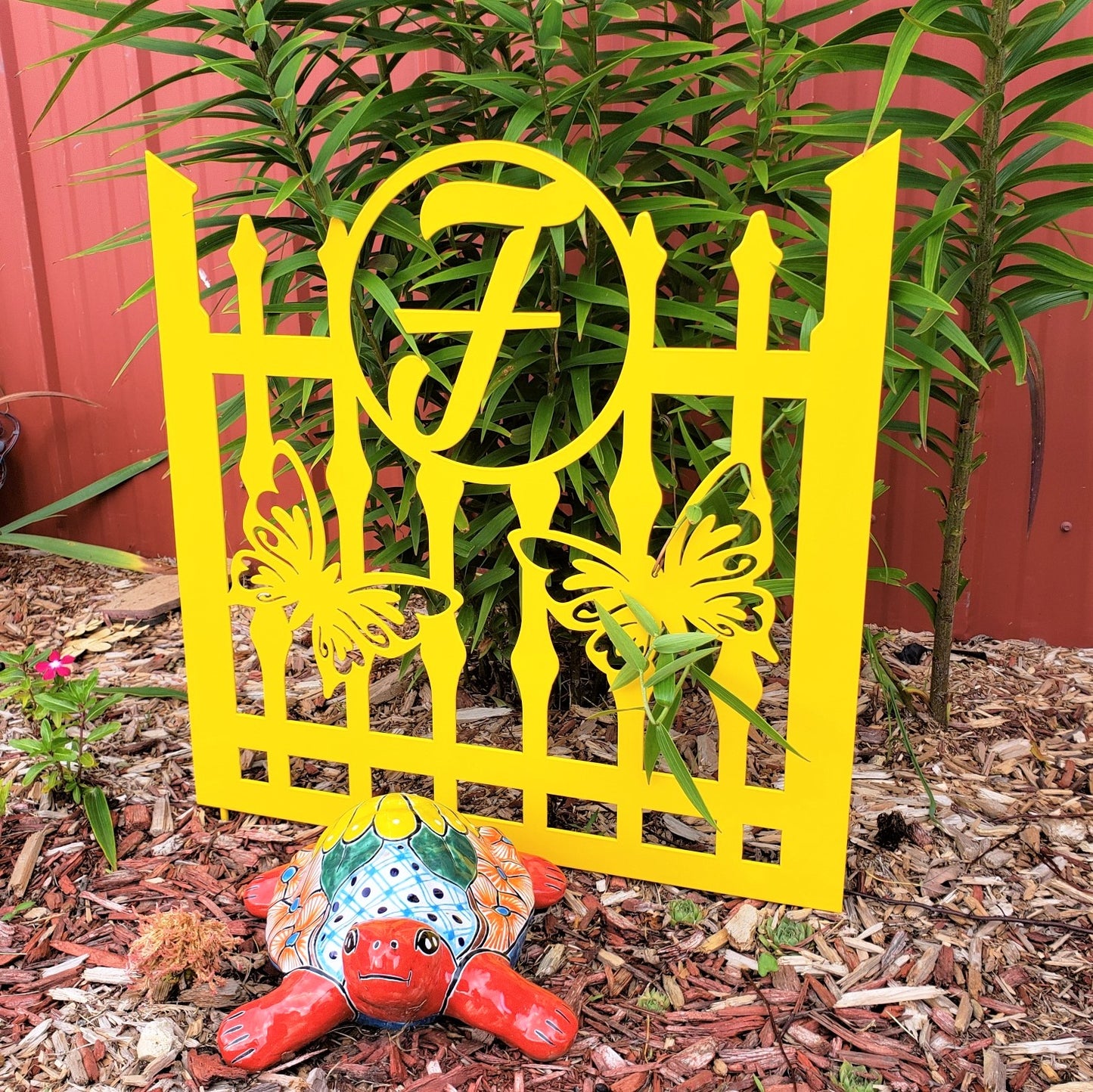image of Monogram Butterfly Fence Panel Steel Garden Decor