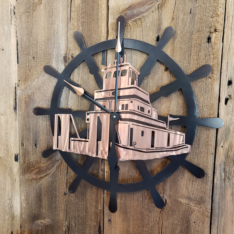 image of Ships Wheel Custom Clock with Tow Boat