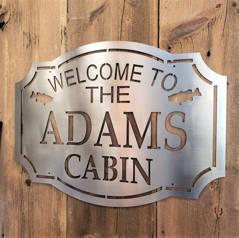 image of Custom Welcome to our cabin name metal signs