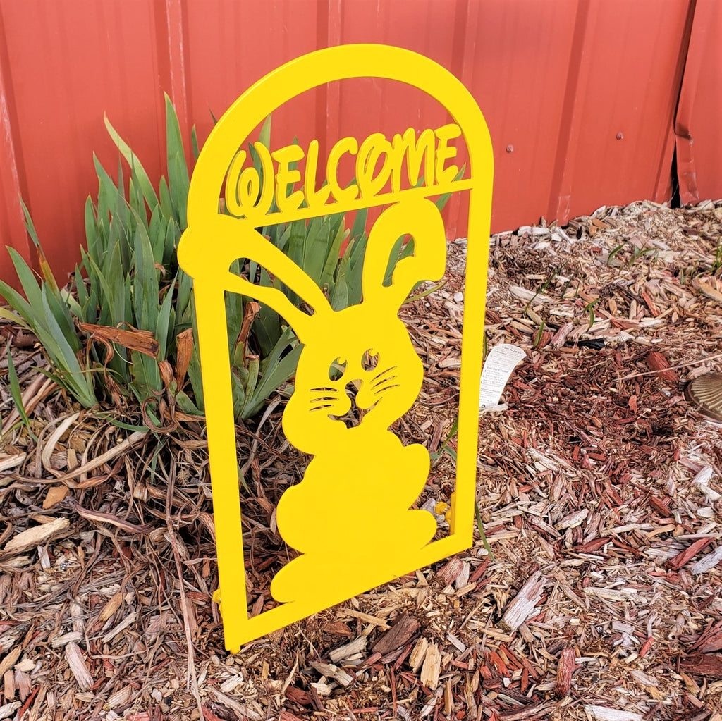 image of Cute Bunny Welcome Garden Decor Metal Sign